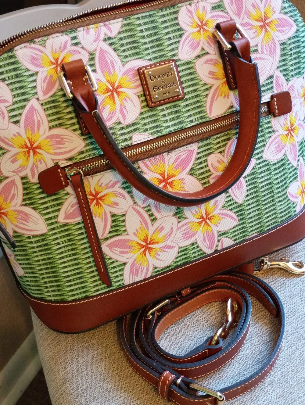 Dooney domed zip satchel plumeria floral basket weave pattern